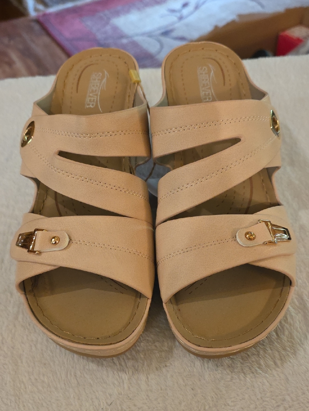 Women’s Tan Nude Strappy Sandals with Gold Accents